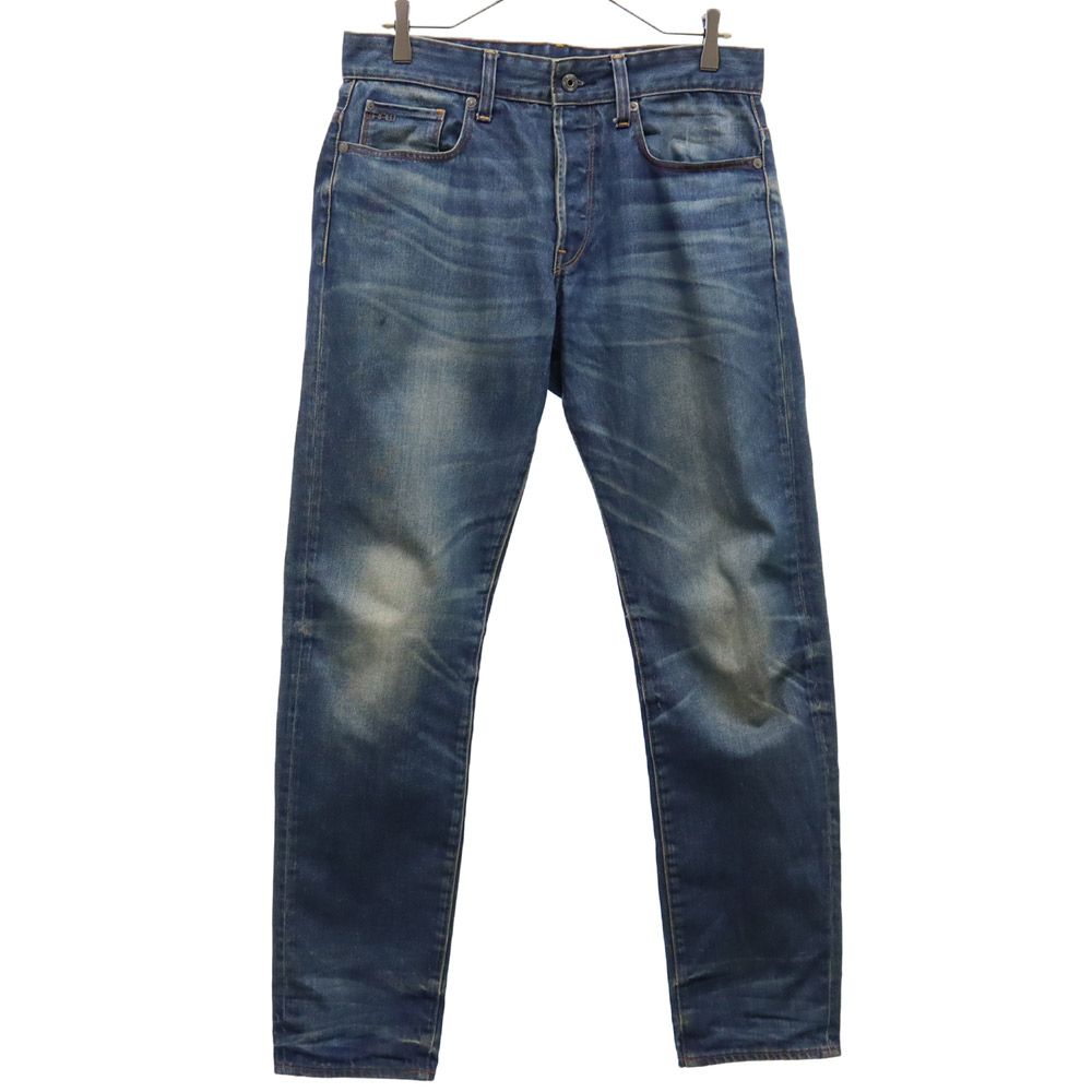 ロゴ刺繍 ストレートデニムパンツ w31 ブルー ボタンフライ ジーパン ロゴプレート メンズ