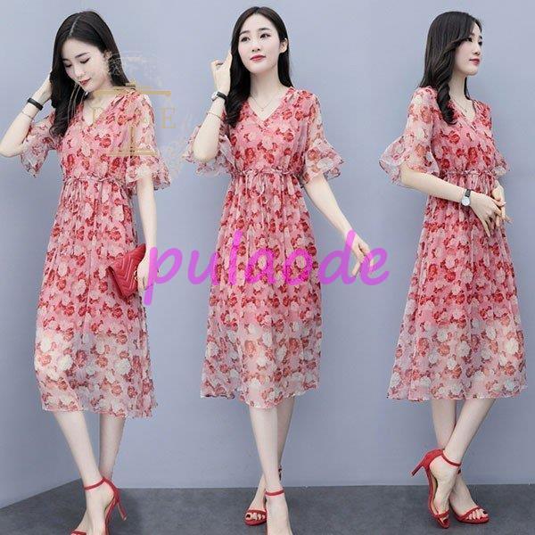 ワンピース レディース 40代 きれいめ 夏 膝丈ワンピース 半袖 花柄 シフォン Vネック 大きいサイズ パーティードレス おしゃれ 大人 通勤 OL 上品 着痩せ 新品