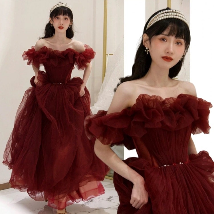 2025人気新作 ウェディングドレス カラー パーティードレス オフショルダー レッド 花嫁ロングドレス 簡約 結婚