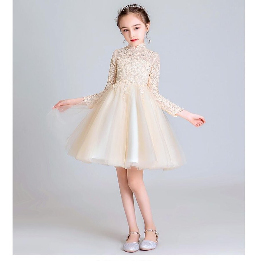 立ち襟 総レース 女の子ワンピース 子どもドレス 袖あり キッズドレス 発表会 ピアノ 結婚式 フォ