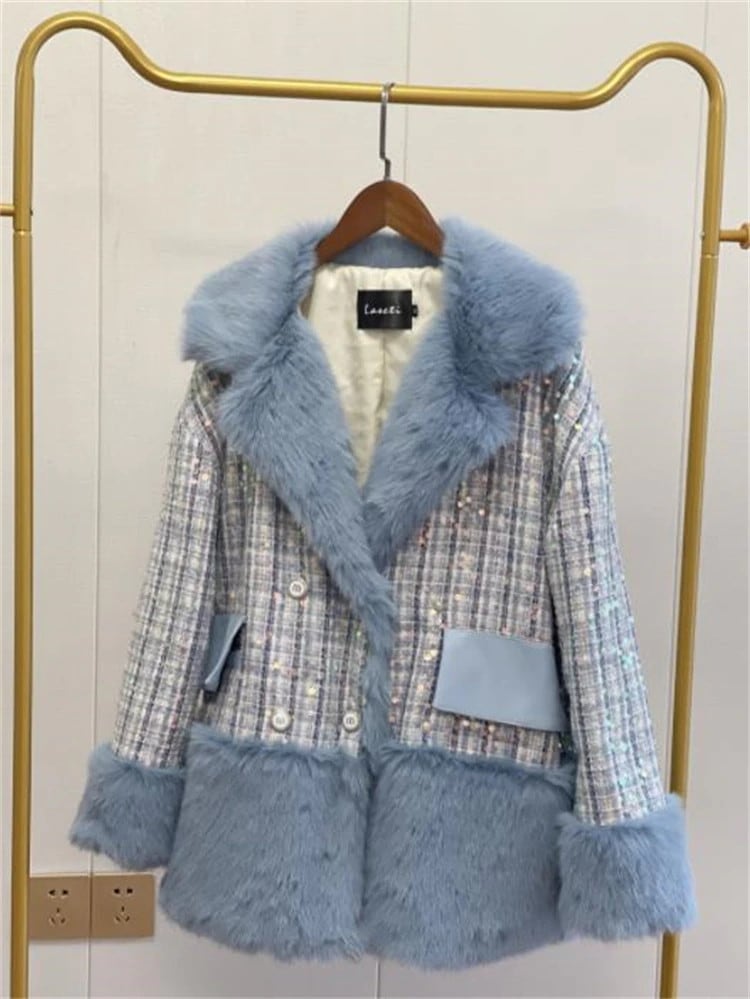 早い者勝ち ファッション イミテーションファー 長袖 エレガント スパンコール ウール コート