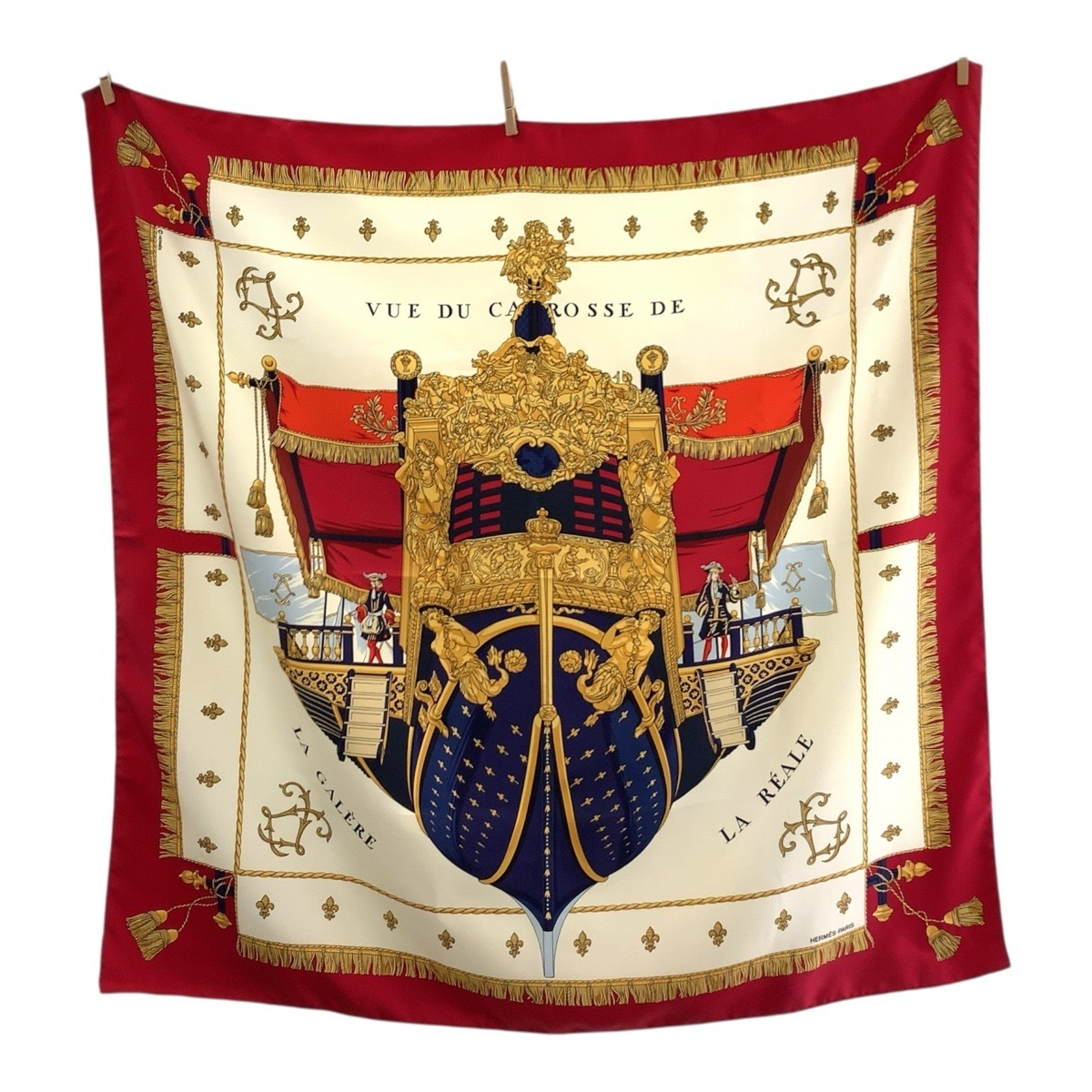 美品 VUE DU CARROSSE DE LA GALERE LA REALE カレ90 レッド アイボリー シルク スカーフ 大判スカーフ レディース 503916