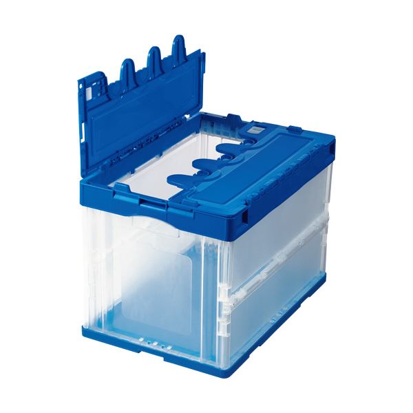 （まとめ）TANOSEE 折りたたみコンテナ フタ付 60L ダークブルー/透明 1台 [x3]