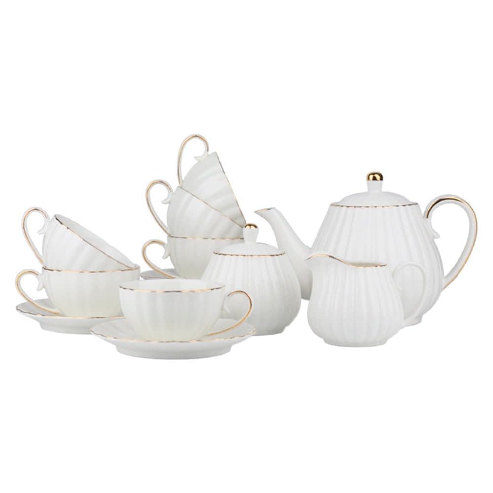 ティーセット セラミックティーポット セラミックコーヒーセット0.81Lポット1杯砂糖缶1杯ミルクカップ6杯ソーサーセットです自宅レストラン庭用 (C)