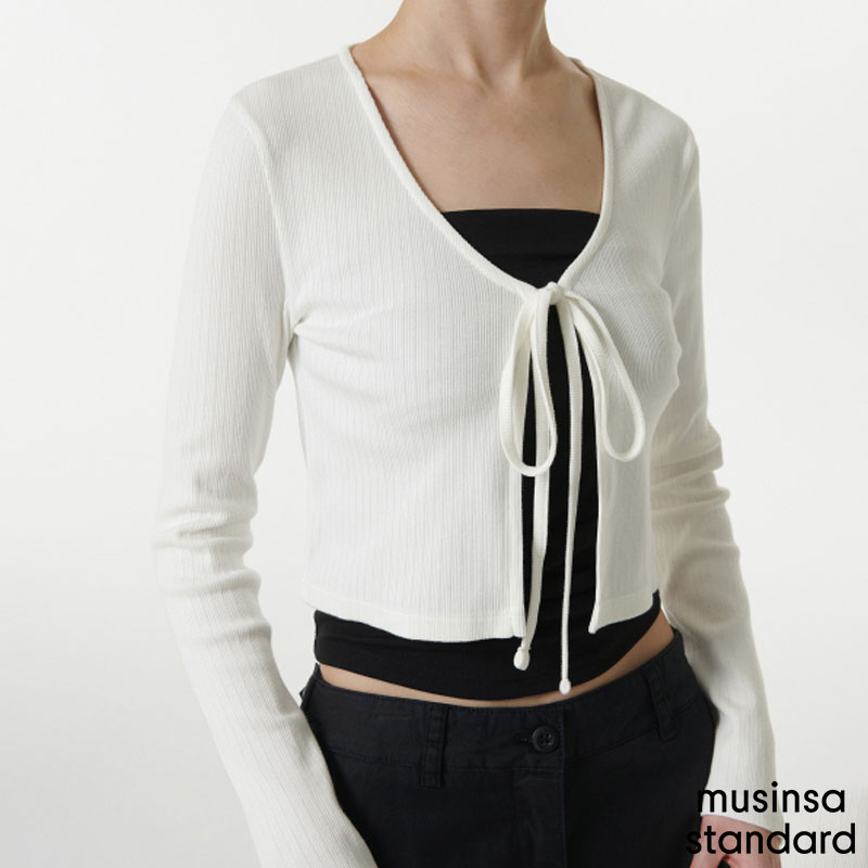 [무신사] 女性用リブ付きタイアップクロップカーディガン ( CREAM )
