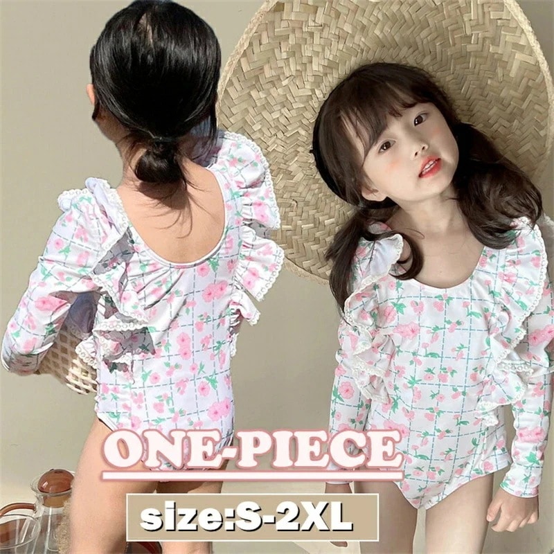 子供水着 女の子 ワンピース 長袖 帽子付き キッズ水着 フリル 可愛い 花柄 キッズ 水着 女の子水着 キャップ付き キッズ スクール水着 みずぎ 紫外線対策 ストレッチ 女児 ガールズ 水着 小学