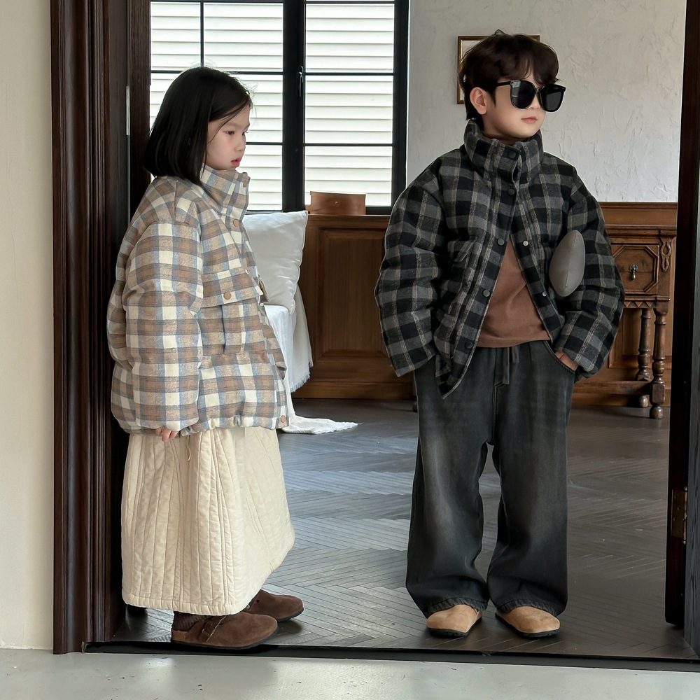 子供用ダウンジャケット 2024 冬 韓国風 スタンドカラー チェック柄 ダウンジャケット 男の子 女の子用 子供用 ショート厚手パンジャケット