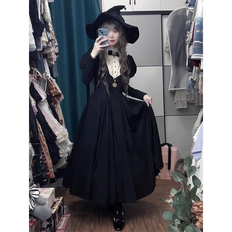 ハロウィンゴシックダーク風ロリータシスターブラックロングスリーブスリーブロリータワンピース秋冬