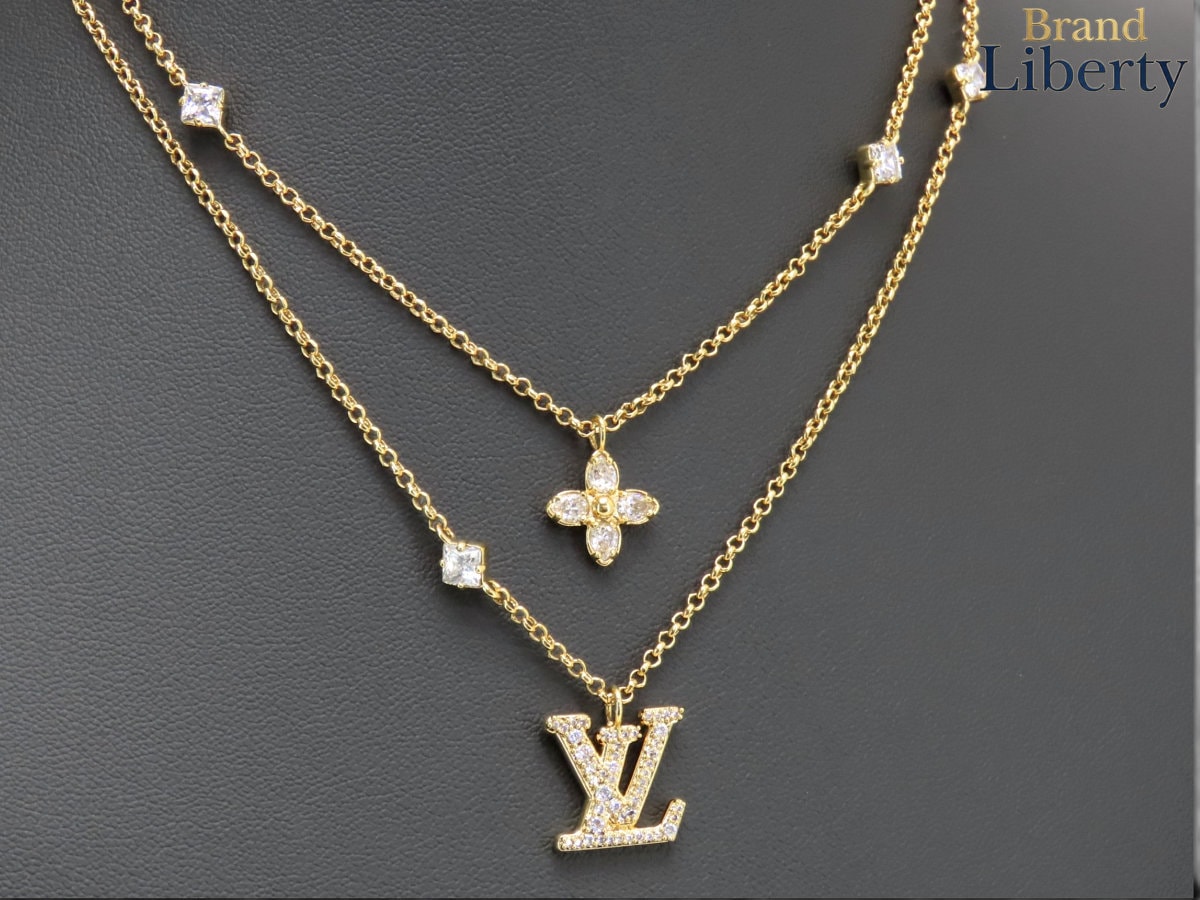 ほぼ新品ルイヴィトンLOUISVUITTONネックレスレディLV2連ペンダントゴールドラインストーンM01845