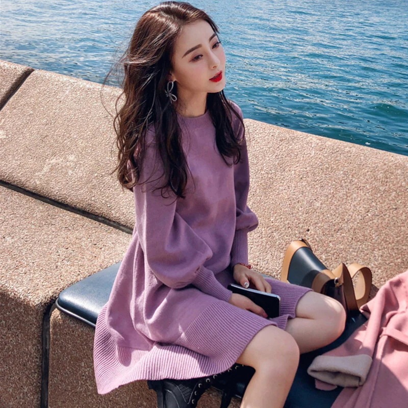 ラウンドネック ニット ワンピース ミニ ミニ丈 膝上 袖あり 長袖 襟なし パフスリーブ Aライン リブ かわいい 大人可愛い きれいめ シンプル カジュアル 大人 上品 おしゃれ お洒落 大人女子