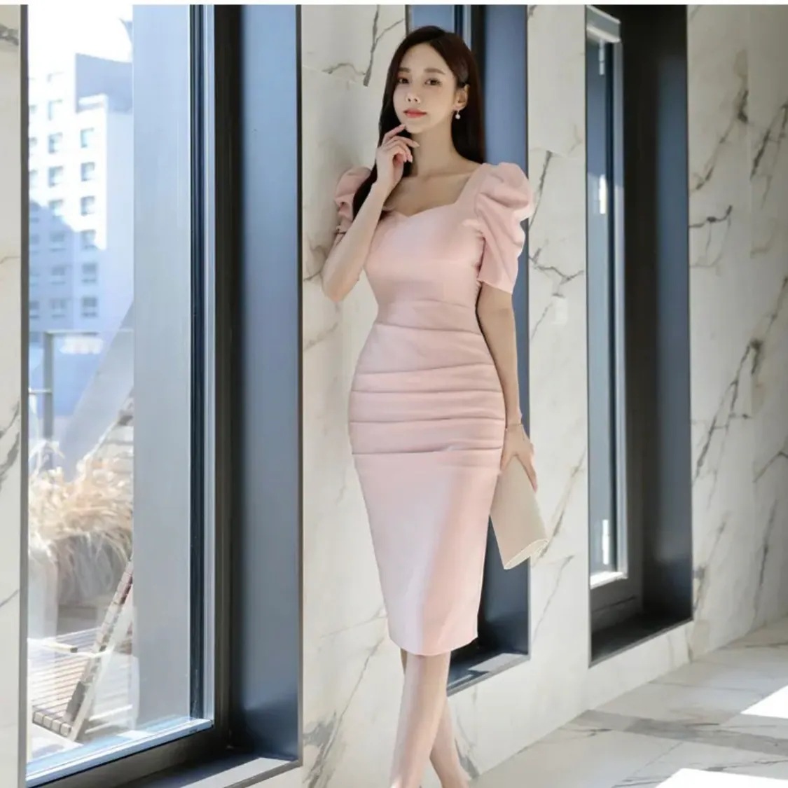 ドレス dress パーティードレス 結婚式ドレス 二次会ドレス 膝丈ドレス キャバドレス キャバ ワンピ タイトドレス 膝丈 ひざ丈 袖あり 半袖 パフスリーブ スクエアネック Iライン タイト