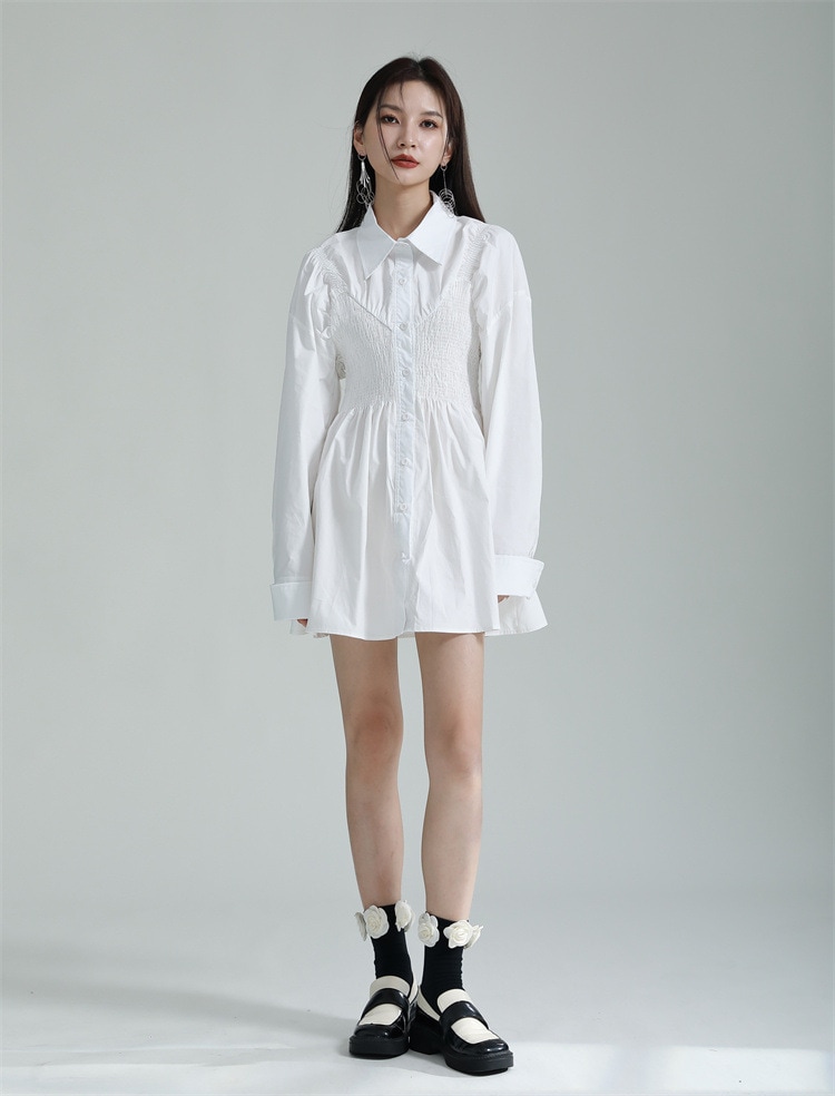 シャツ ブラウス Aライン シャーリング ウエストシェイプ シンプル 長袖 フレア ロング チュニック カジュアル コットン 春 TKOR0023