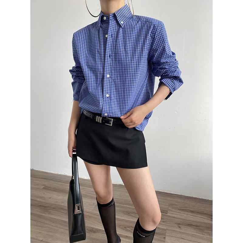 女性 トップス レトロ ブルー チェック柄 長袖 シャツ レディース 秋ファッション スリム カジュアル オーバサイズ 着痩せ