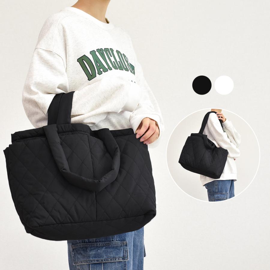キルティング トート ハンドバッグ 2way ハンドル 大容量 レディース 鞄 かばん 肩掛け ダイヤキルト アウトポケット A4サイズ 収納 黒 白