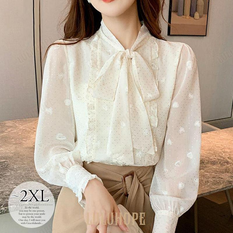 メガ割ブラウス シャツ トップス レディース 大きいサイズ ボウタイブラウス リボン 透け感 ドット シースルー きれいめ 大人かわいい ホワイト 母親 休日