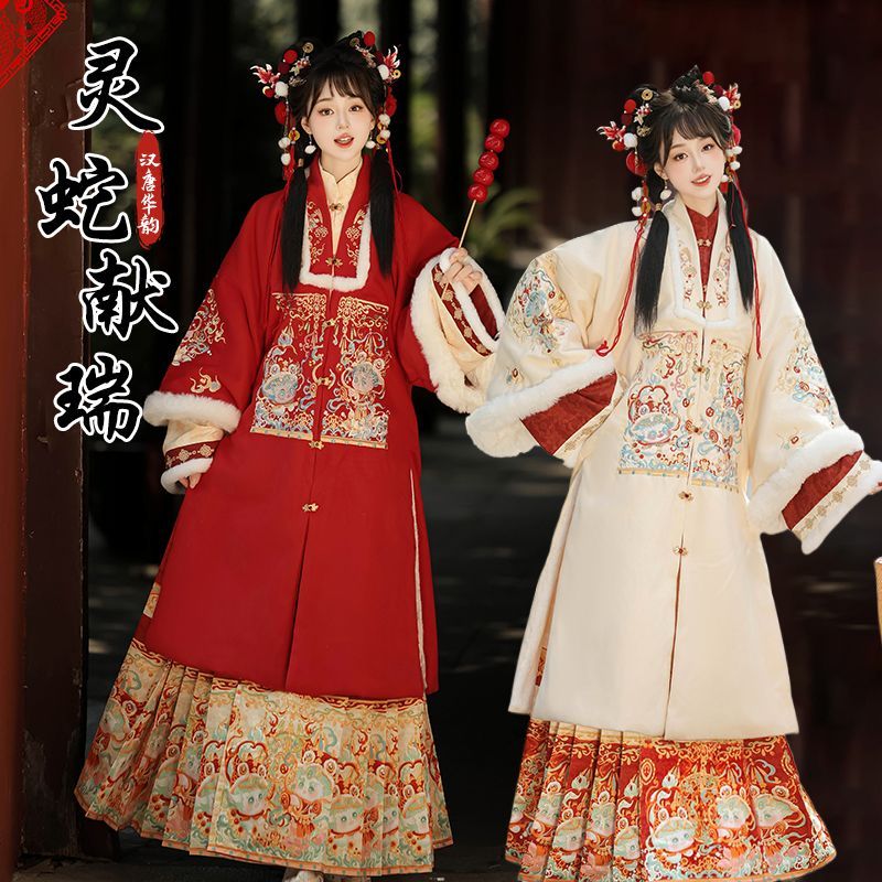 三点セット セットアップ 漢服女【霊蛇献瑞】冬の加絨保温ロングコートの馬面スカートを拝服する