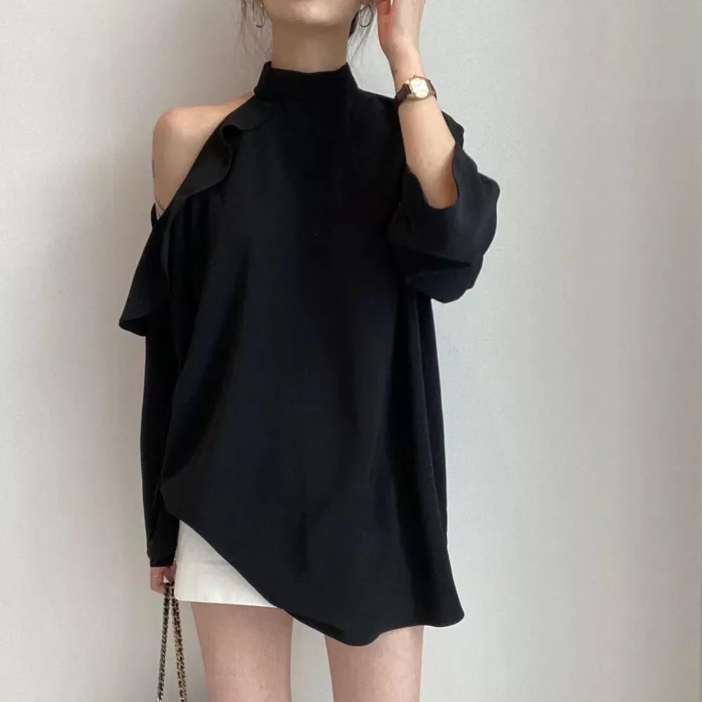 トップス カットソー レディース 長袖 スタンドカラー オフショルダー ウエストリボン アシンメトリー ルーズ ゆったり かわいい 大人可愛い 大人かっこいい 大人女子 おしゃれ お洒落 きれいめ 上