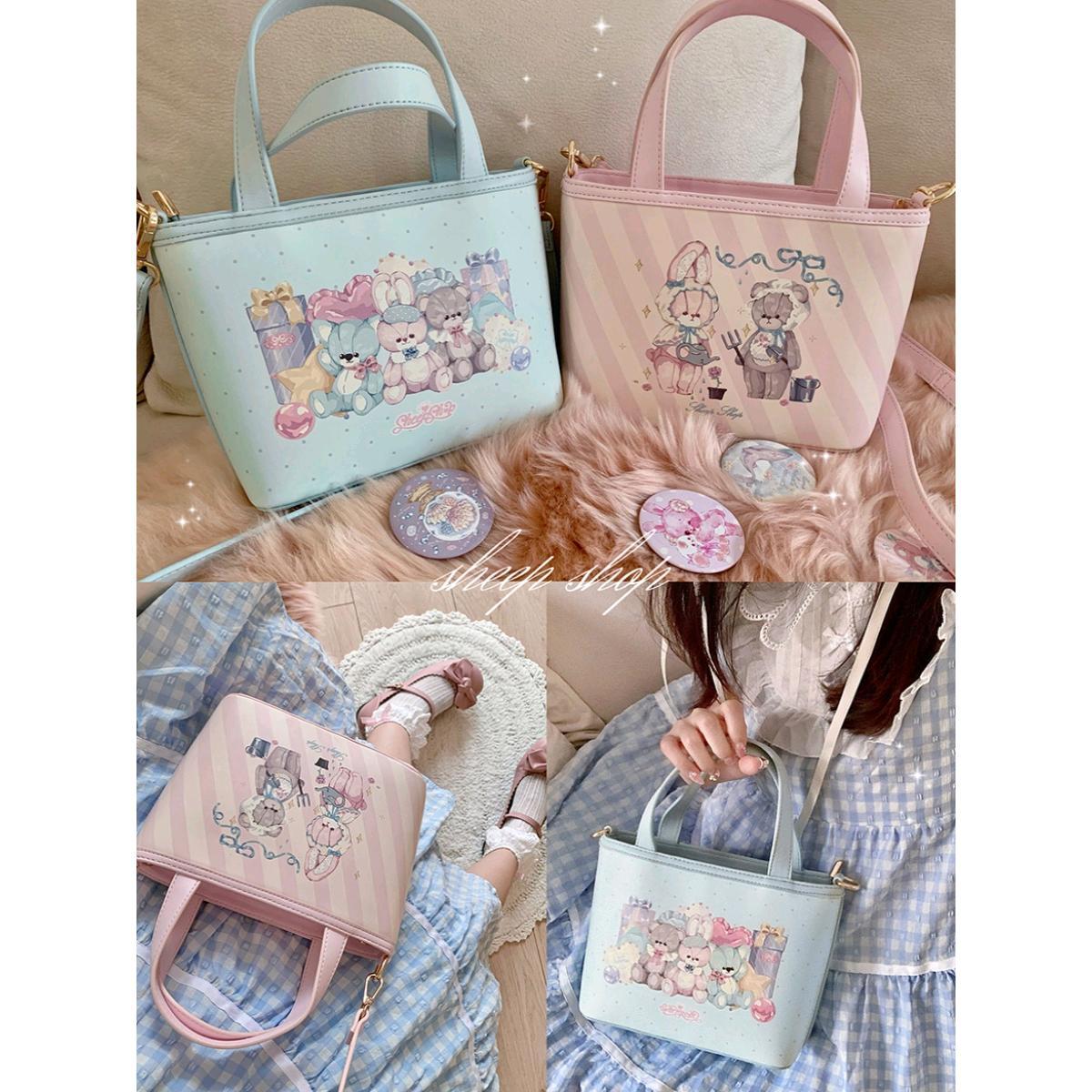 【急速出荷】デザインかごバッグミニトートバッグかわいいクマ柄ピンク斜め掛けハンドバッグ