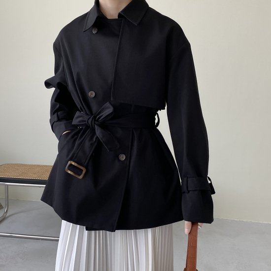【取寄：納期2週間】トレンチコート ハーフコート レディース 韓国 ファッション ウエストベルト バクシャン ダブルボタン ベージュ 黒 トレンチコート 春秋ハーフコート ショート丈 ロングジャケット