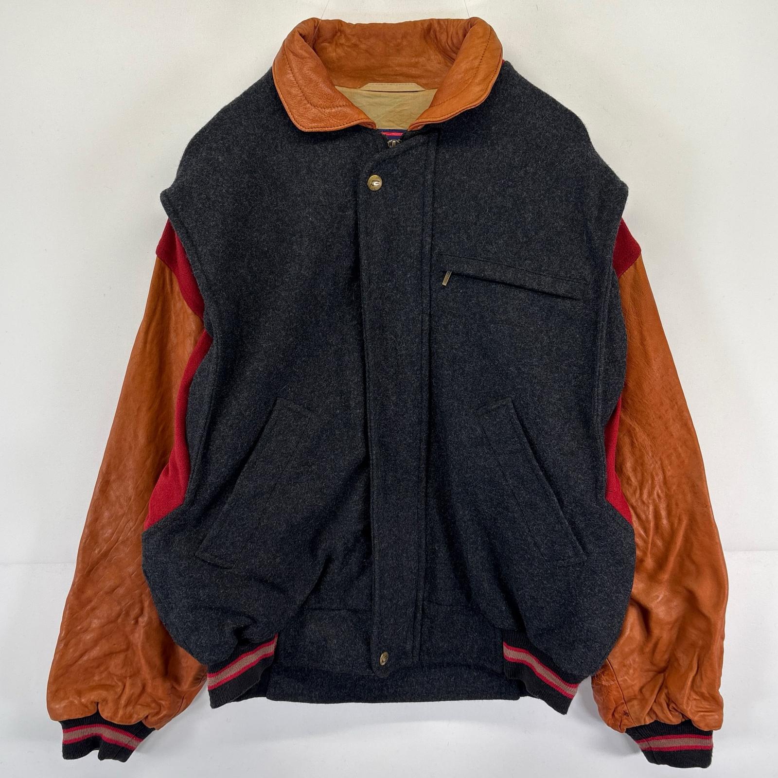 古着 GANT ウールジャケット 袖レザー 襟レザー マルチカラー フルジップ 胸ポケット M ダークグレー メンズ