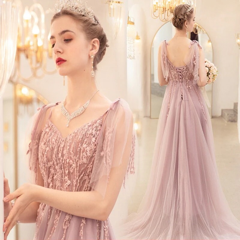 韓国ファッション 二次会 結婚式 パーティードレス ウエディングドレス シンプルワンワードショルダー花嫁ウエディングドレスディナーパーティーパーティードレス