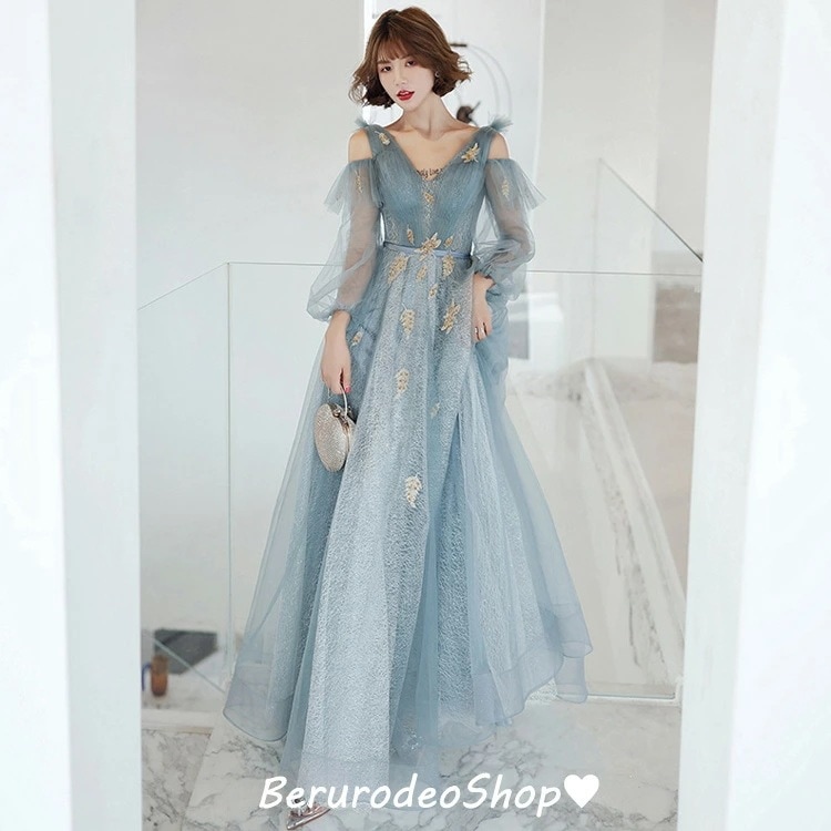 イブニングドレス ブルー オフショルダー 肩出し ロングドレス 結婚式ドレス 二次会ドレス 長袖 チュール ドレス Aライン パーティードレス 発表会ドレス 演奏会ドレス オシャレ パフスリーブ S
