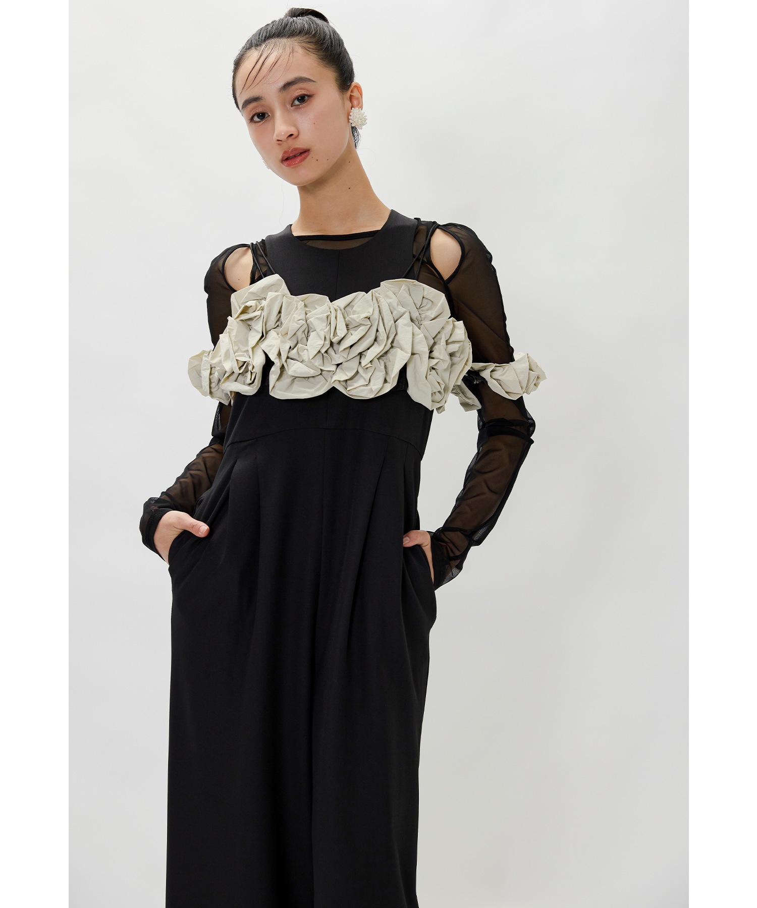 ラッフルビスチェパンツドレス パーティードレス 結婚式 オールインワン ワイドパンツ シアーブラウス インナー 3点セット 長袖 お呼ばれ パーティー 二次会 披露宴 謝恩会 成人式 同窓会 入学式