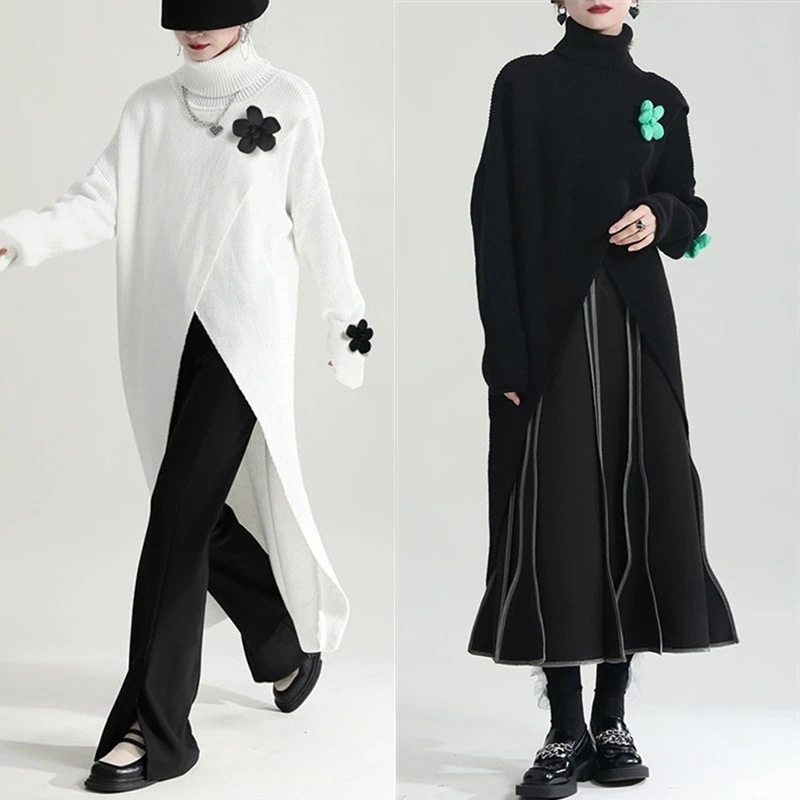 【J.Fashion】 ロング ニットカーディガン ロング丈 スリット ニット 無地/クロバー飾り ワンピース風 セーター カシミヤタッチ ブラウス メガ割