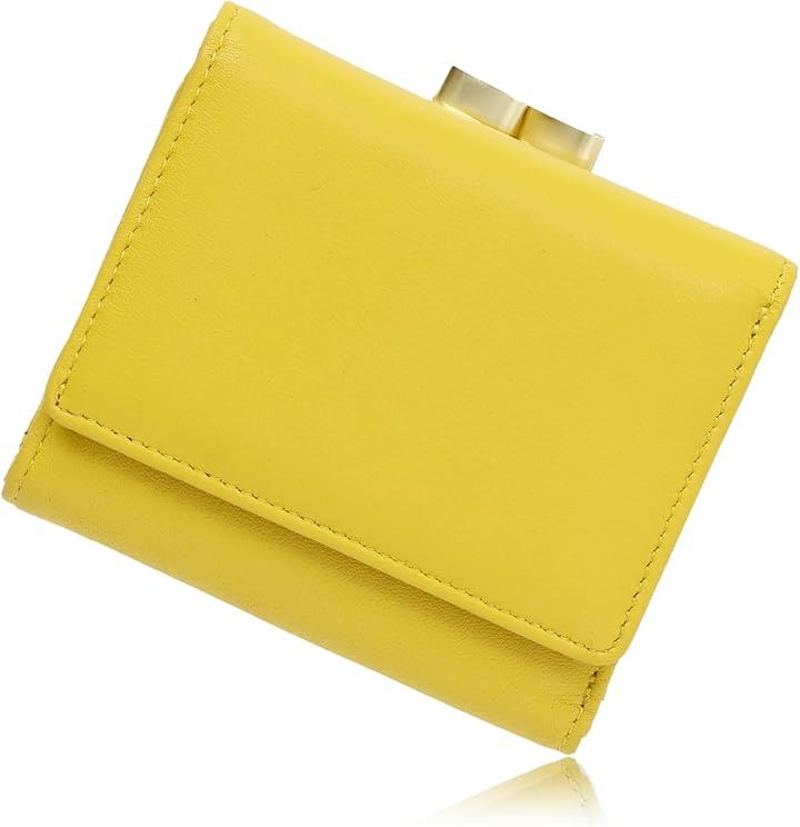 ギャラリークオリエ キメ細かさが生むフィット感 高級エチオピア高原羊革 熟練の革職人が作る スキミング防止 財布 レディース 3つ折り がま口 蝦蟇口 日本 ブランド(Yellow)
