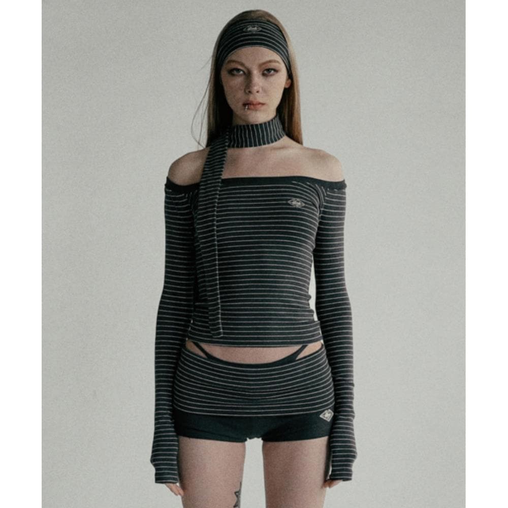 BADBLOOD Beyond Soft Off Shoulder Top Stripe Charcoal w
