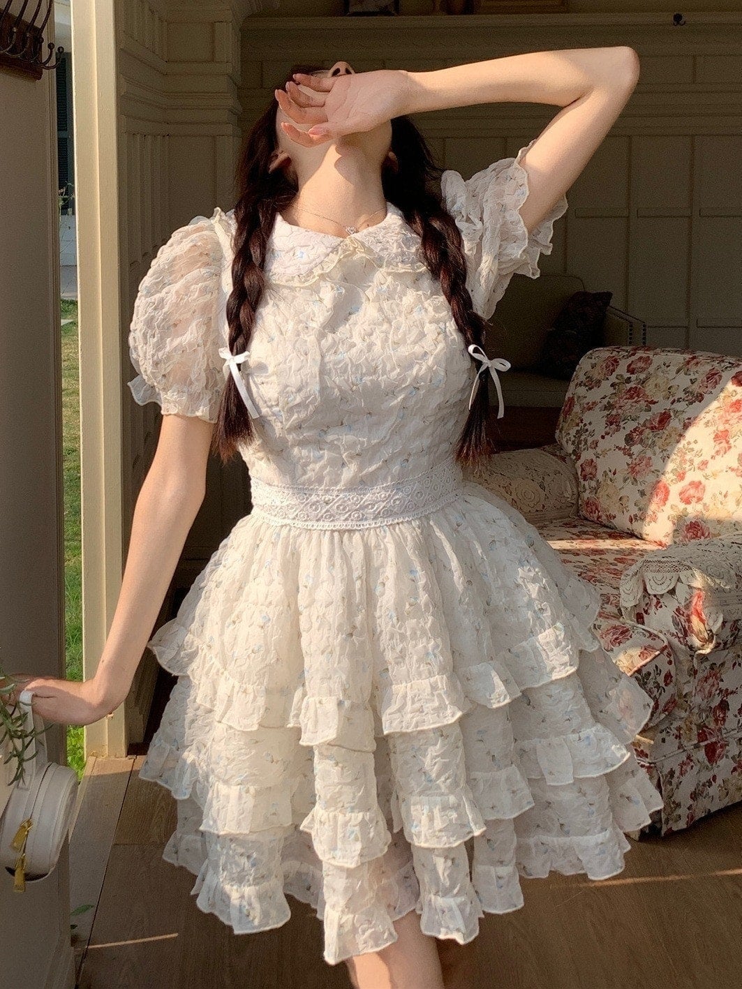 2025年新作店長おすすめ！ロリータ ロリータ 安い！ コスプレ 2024夏 ロリータ ワンピース プリンセス ポンポンスカート バブル袖 ワンピースサンタコスプレ