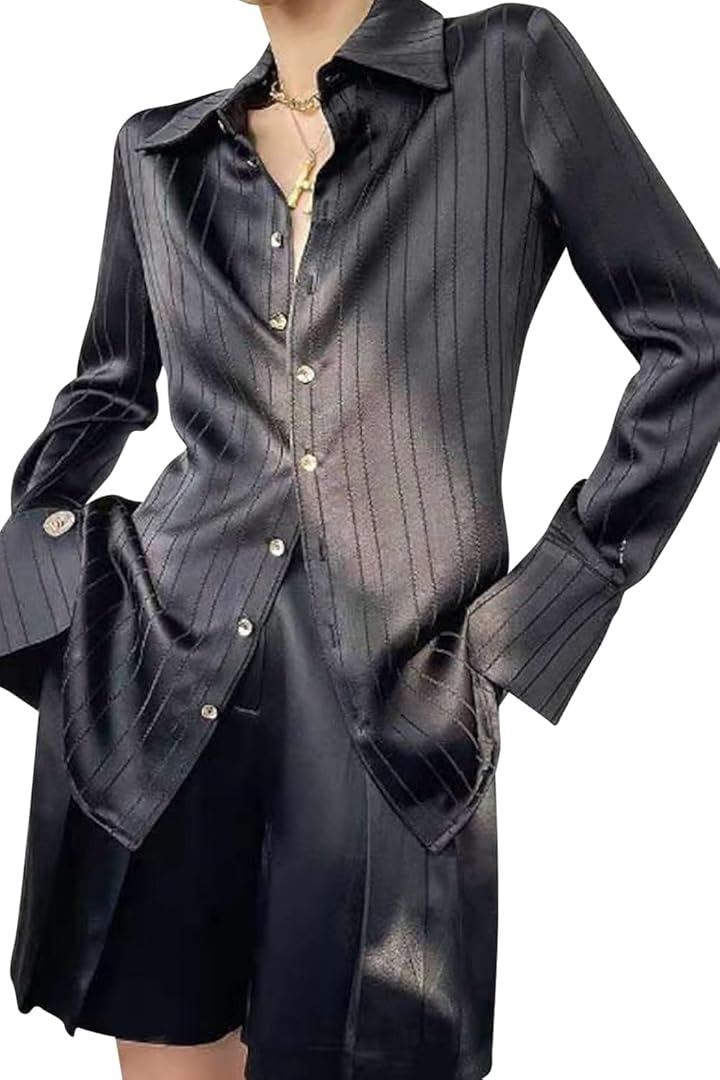 シャツ レディース ストライプシャツ 長袖 白 黒 オフィス エレガント 高級(ブラック, M)