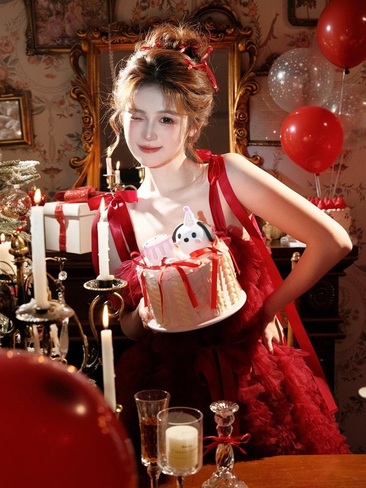 フォトスタジオクリスマステーマ写真女の子かわいい新年赤いドレスアート写真撮影服