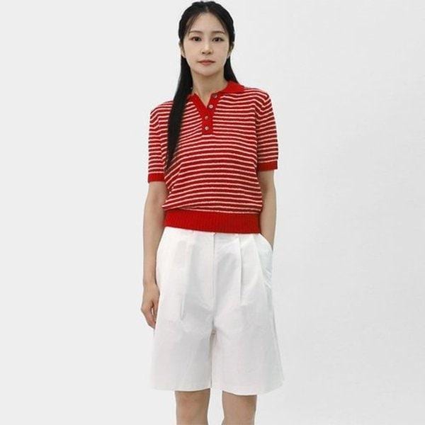 女性ニットTシャツ ストライプカラー 半袖Tシャツ LSLOT001