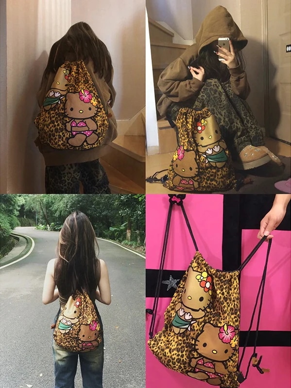 【20点セット】【翌日発送】日焼けキティアメリカンレトロショルダーバッグ新作大容量ドローストリングヒョウ柄キティショルダーバッグ 大容量リュックサックオールインワンカジュアルバッグ