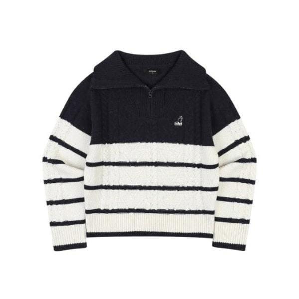 M 長袖Tシャツ CQK KPFW-KN18750NV ウーマン ストライプ ハーフジップ セーター 1875 ネイビー