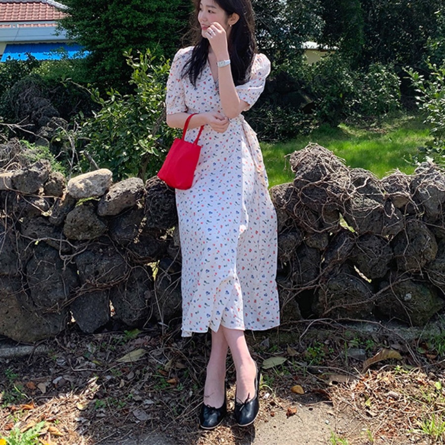 ワンピース フレアワンピース ミモレ ミモレ丈 ロング ロング丈 袖あり 半袖 パフスリーブ Vネック カシュクール セミフレア シフォン リボン ウエストマーク ウエストリボン ハイウエスト