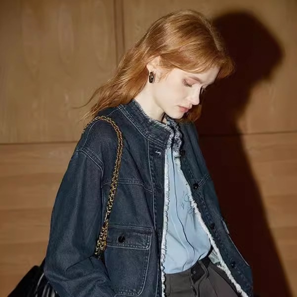 水洗いデニムジャケット女性202年秋冬新作レトロフリンジ立襟上着