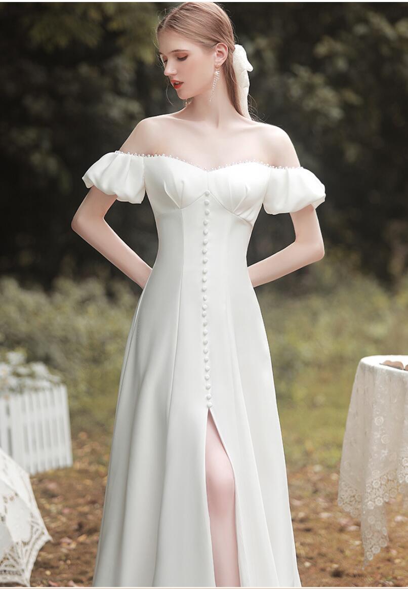 ウエディングドレス オフショルダー 前スリット ロングドレス 花嫁ドレス パフスリーブ Aライン 結婚式 二次会 前撮り ホワイト
