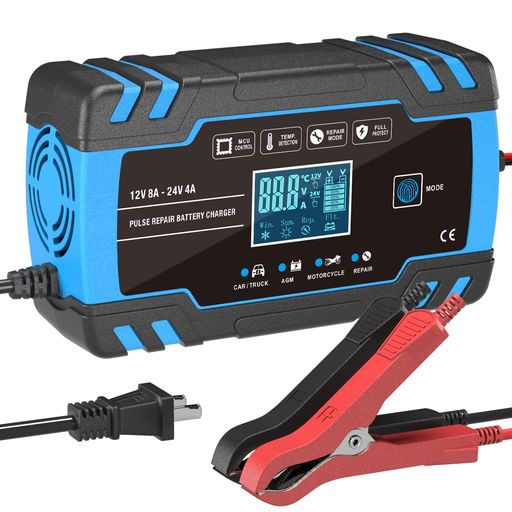 AUTOWHD 12Vと24V用鉛蓄バッテリー充電器 全自動バッテリーチャージャー 修復充電機 パルス充電 1.5A/4A/8A充電電流 トリクル充電 3-150Ah用LCD表示 自動車&バイク&トラ