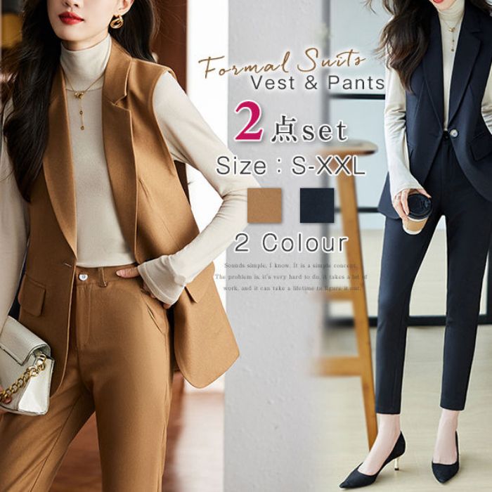 フォーマルスーツ パンツスーツ レディース ママ 入学式 入園式 卒業式 ビジネススーツ ジレベスト パンツスーツ パンツドレス ロング ジレ ロングベスト セットアップ テーパードパンツ 2点セット