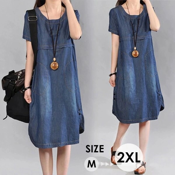 デニム ワンピース 夏用 夏服 膝丈ワンピース レディース ゆったり 半袖 きれいめ お出かけ リゾートワンピース 沖縄 海 ハワイ ビーチ サマー おしゃれ かわいい 春秋 30代 40代 50代