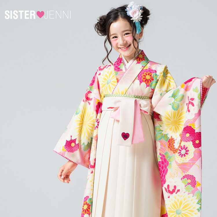 レンタル７泊８日SISTER JENNI 卒業式 袴 レンタル 小学生 女の子 小学校ジュニア卒業式袴レンタルセット ピンク地にピンク黄色の牡丹と菊 花 ひな祭り 十三参り 着物 衣装