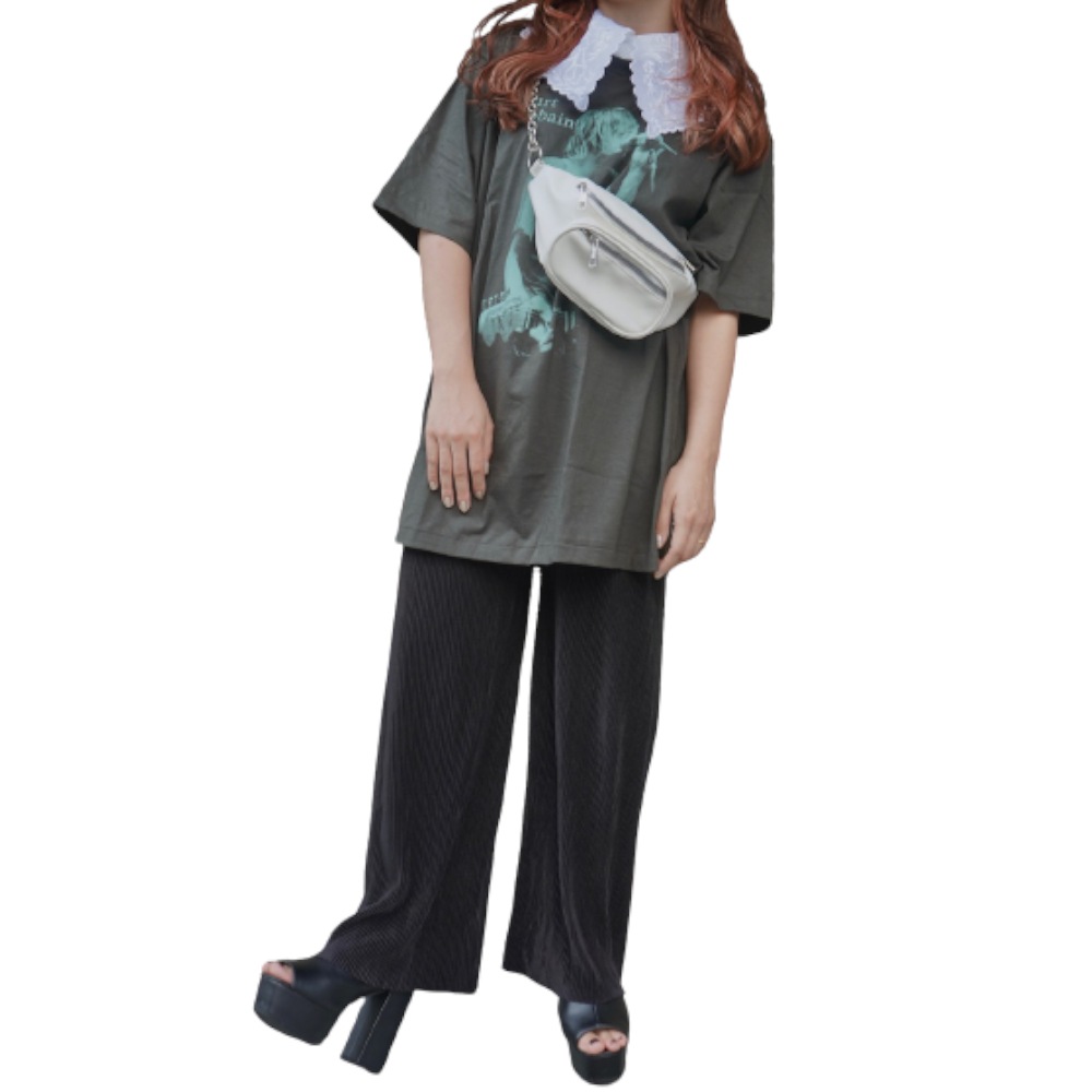 Shiny Pleats Wide Pants (black) A,D,G レディース