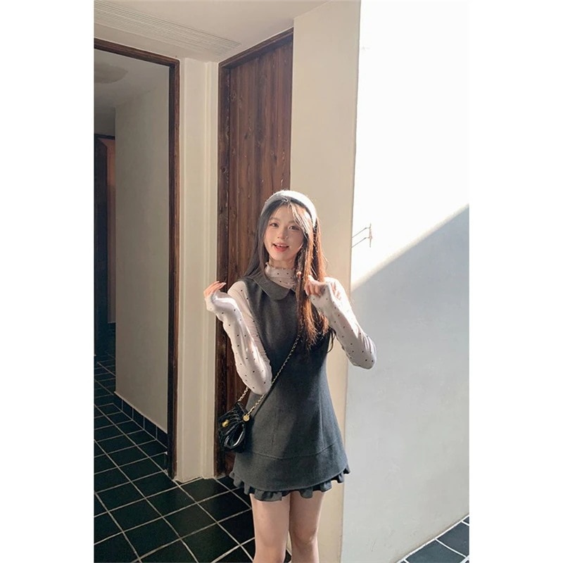 【セット】レディースファッション レディース ハイネック 水玉柄 ロングスリーブ インナートップス 学園風 2025 秋冬 新作 ノースリーブワンピース 2 点セット