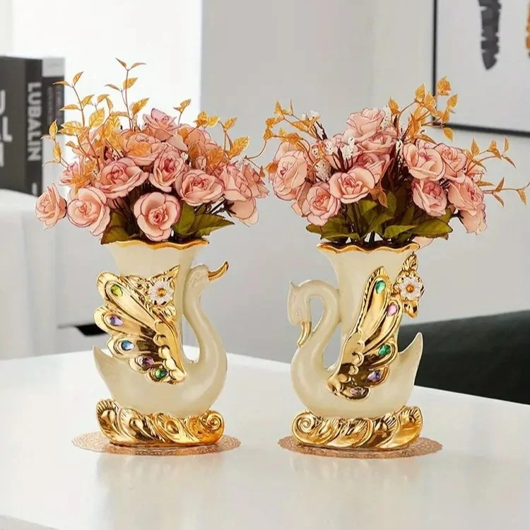 花瓶 2つセット 白鳥 セラミック 高級感 ゴールド 金色 ホワイト 鳥 インテリア フラワーベース お洒落 エレガント リビング 玄関 4-7