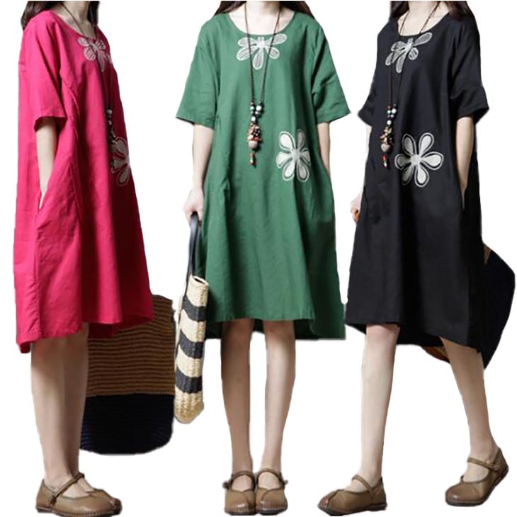 森ガール 綿麻 ワンピース 黒 XXL 即納 M L XL ピンク グリーン レディース 花柄 刺繍 ぽっちゃり 大きいサイズ 半袖 ゆったり コットン リネン nclq386 pl946