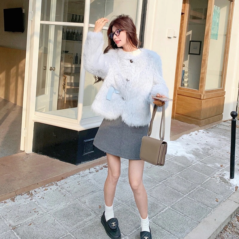 ファッションショートファー環境に優しい毛皮2024新しい気質韓国カラー衝突シングルブレストカーディガン