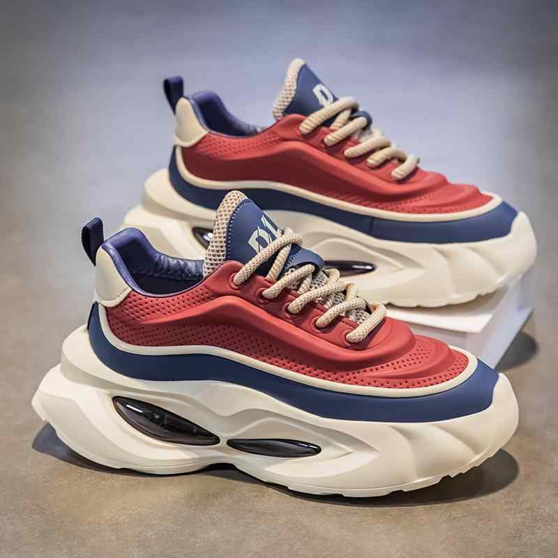 厚底 スニーカー メンズ カラフル 個性的 エアクッション 運動靴 韓国系 赤 レッド カーキ 黒 バイカラー ミックスカラー 厚底シューズ 身長アップ オルチャン系 オシャレ 大学生 華やか 4,827円
