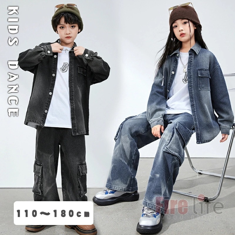 キッズ ダンス衣装 セットアップ 子供ダンス衣装 デニムダンス衣装 デニムジャケット デニムパンツ HIPHOP 男の子 女の子 ヒップホップ ステージ衣装 ブラック ブルー